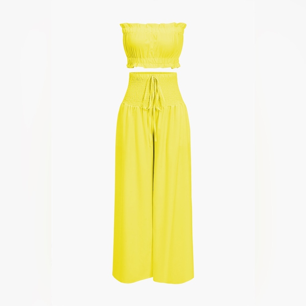 Yellow Smocked L mc5 Ruched Tube Top And Tie Front Wide Leg Trousers Set